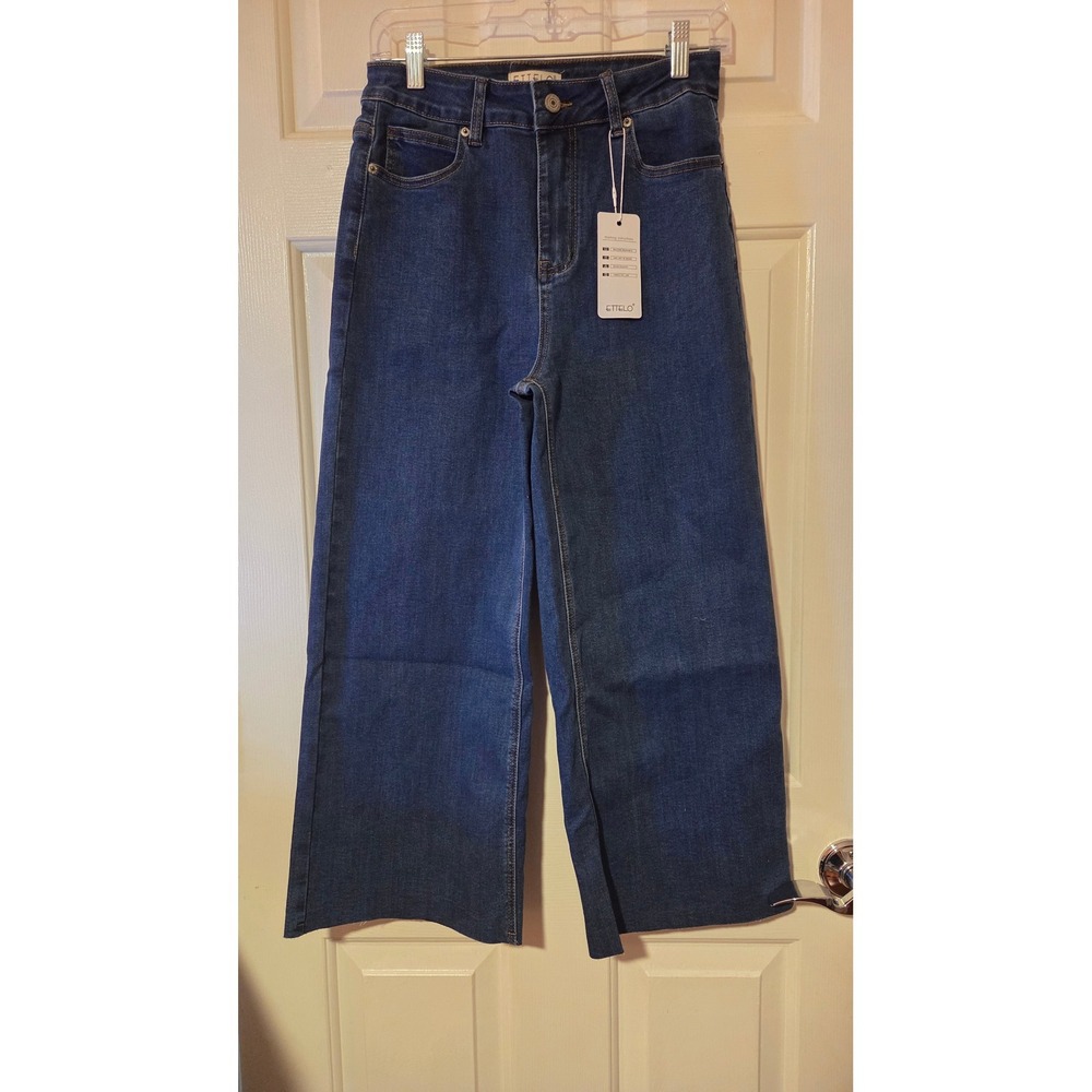 ETTELO Women Navy Blue Wide Leg Jeans High Rise Cropped Size 8